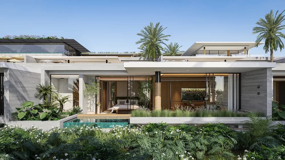 One-bedroom unit exterior with pool facade