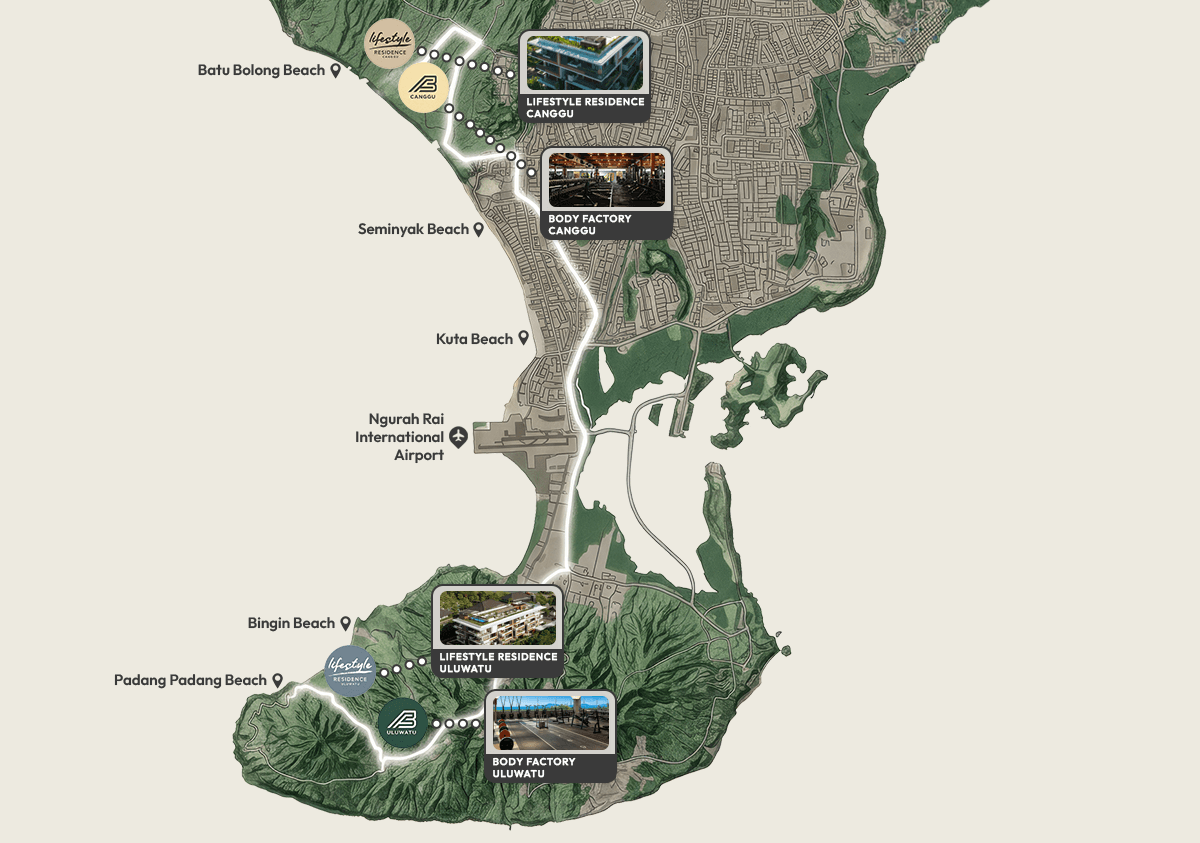 Map showing Body Factory Uluwatu and nearby Bali landmarks