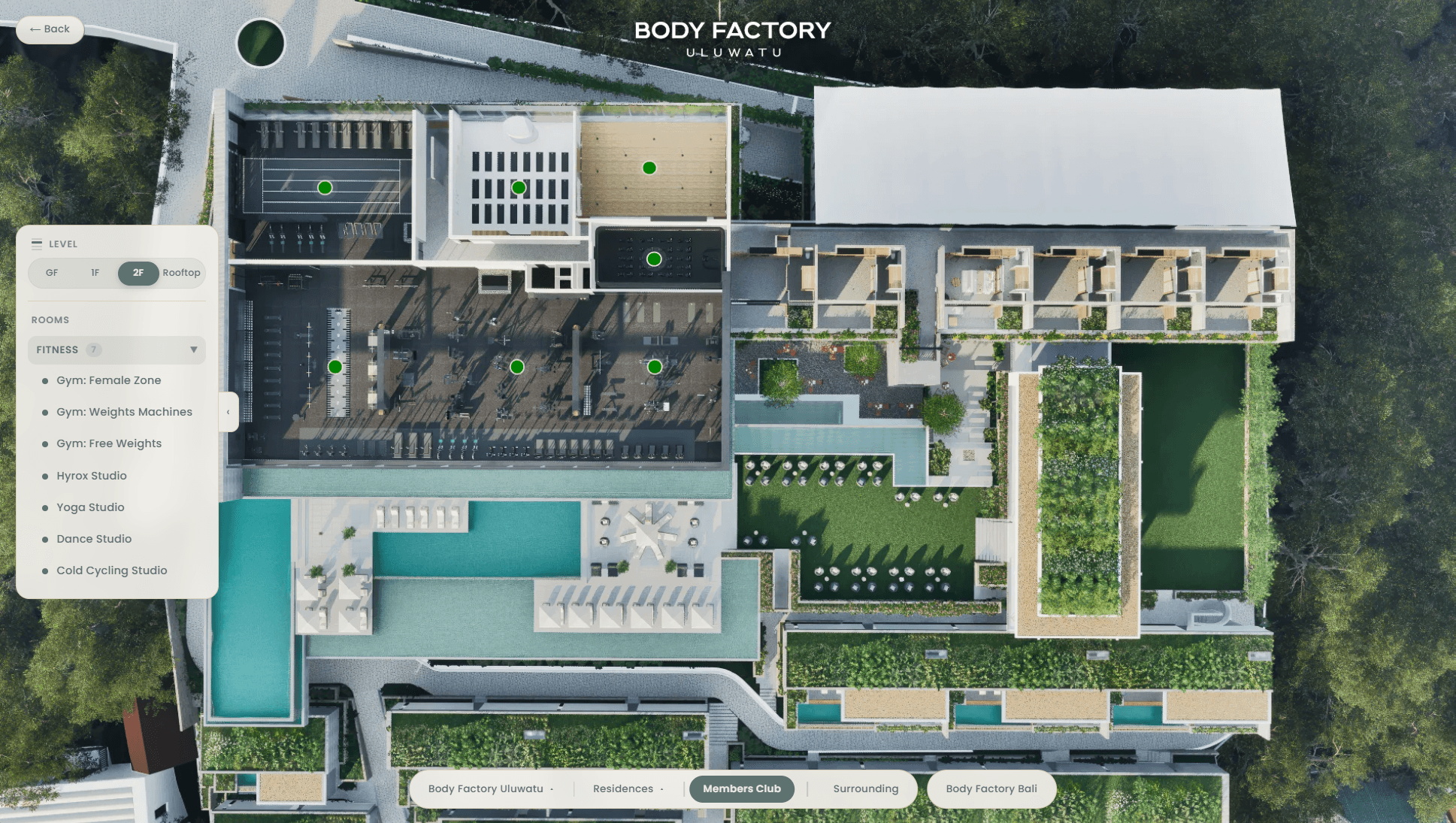 Body Factory Uluwatu virtual tour showing the second-floor facilities and residences