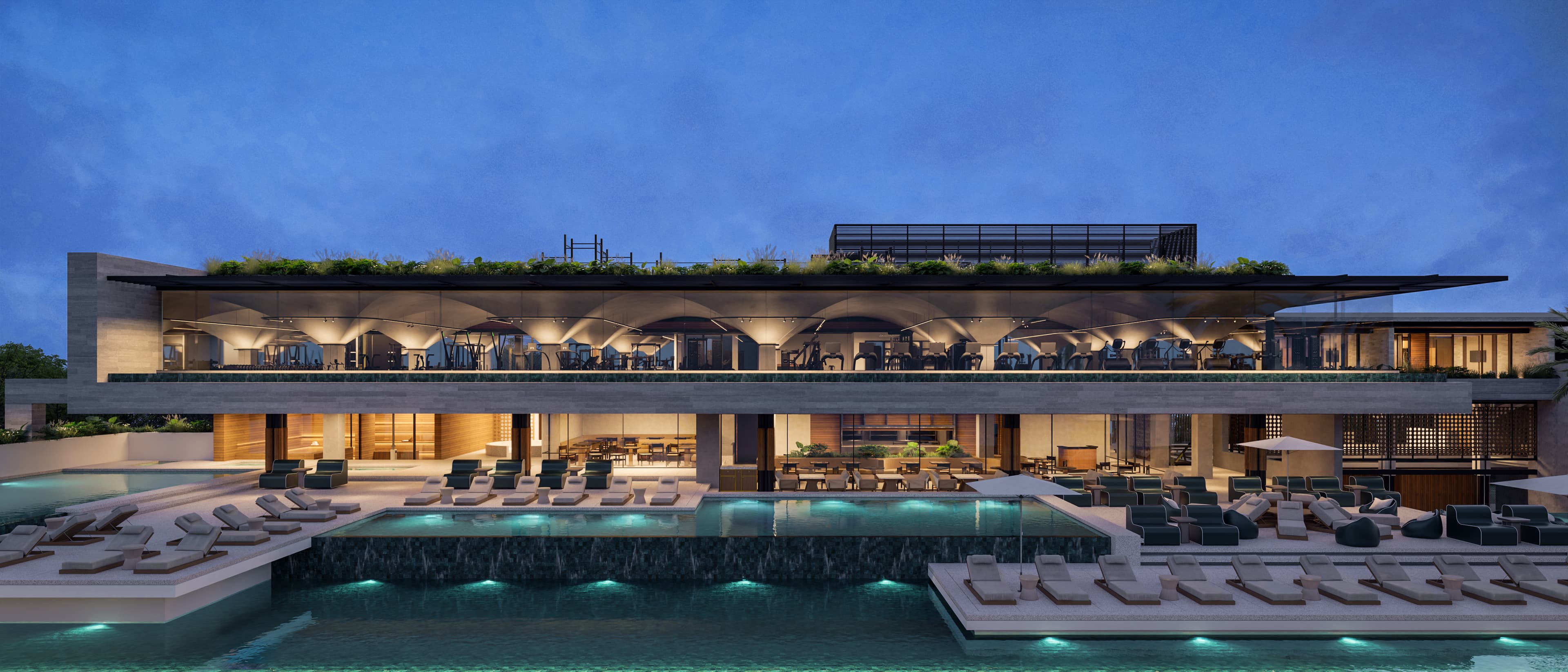 Gym and pool facilities at dusk