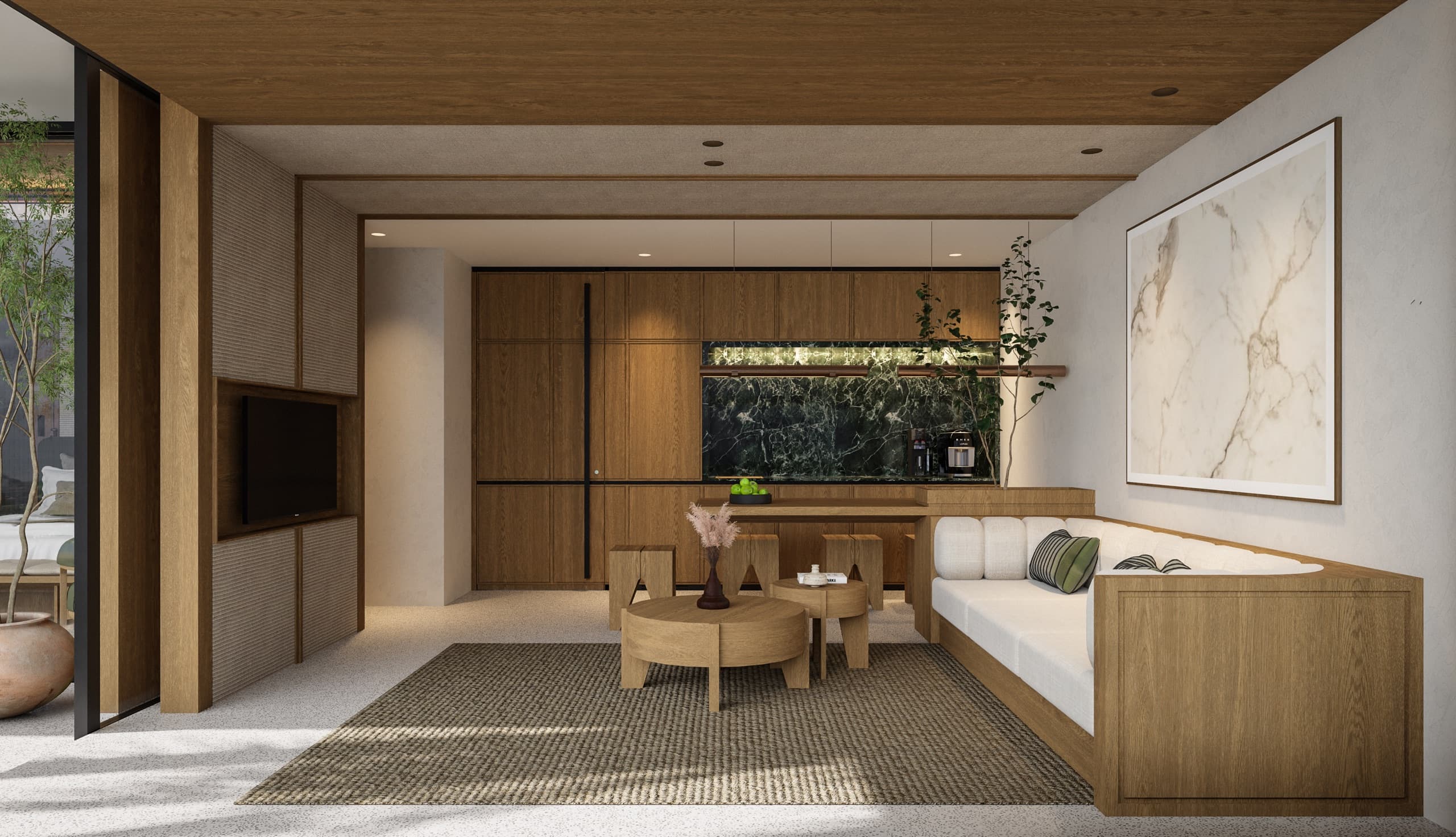 One-bedroom living room and kitchen