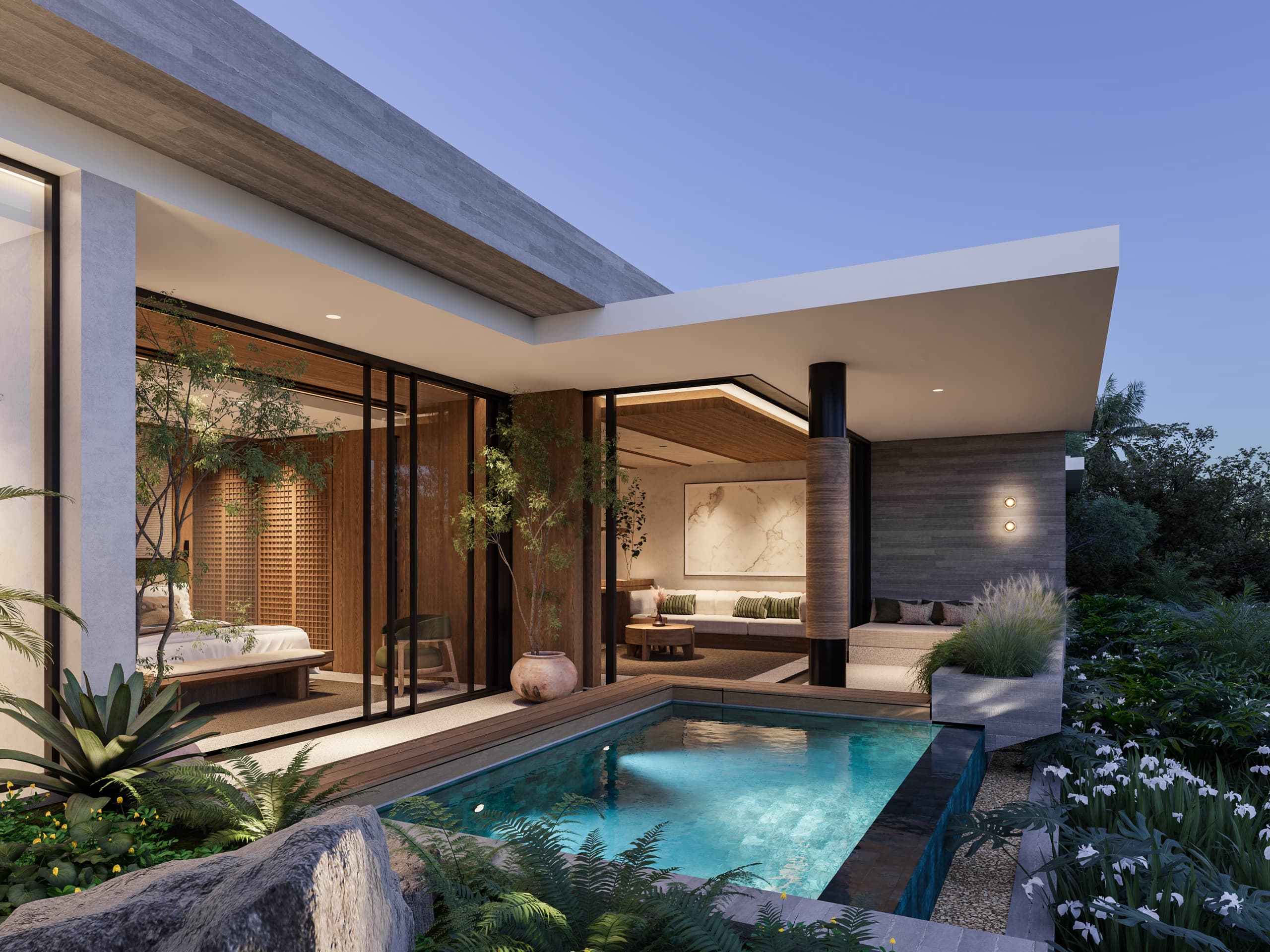 One-bedroom plunge pool terrace at dusk