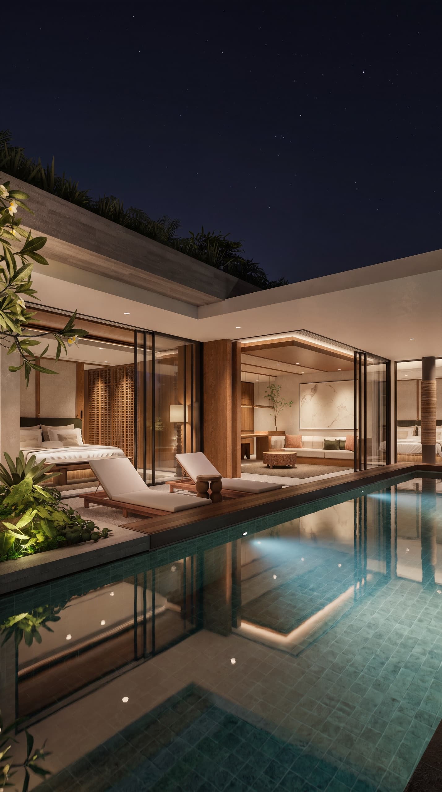 Two-bedroom residence and pool at night