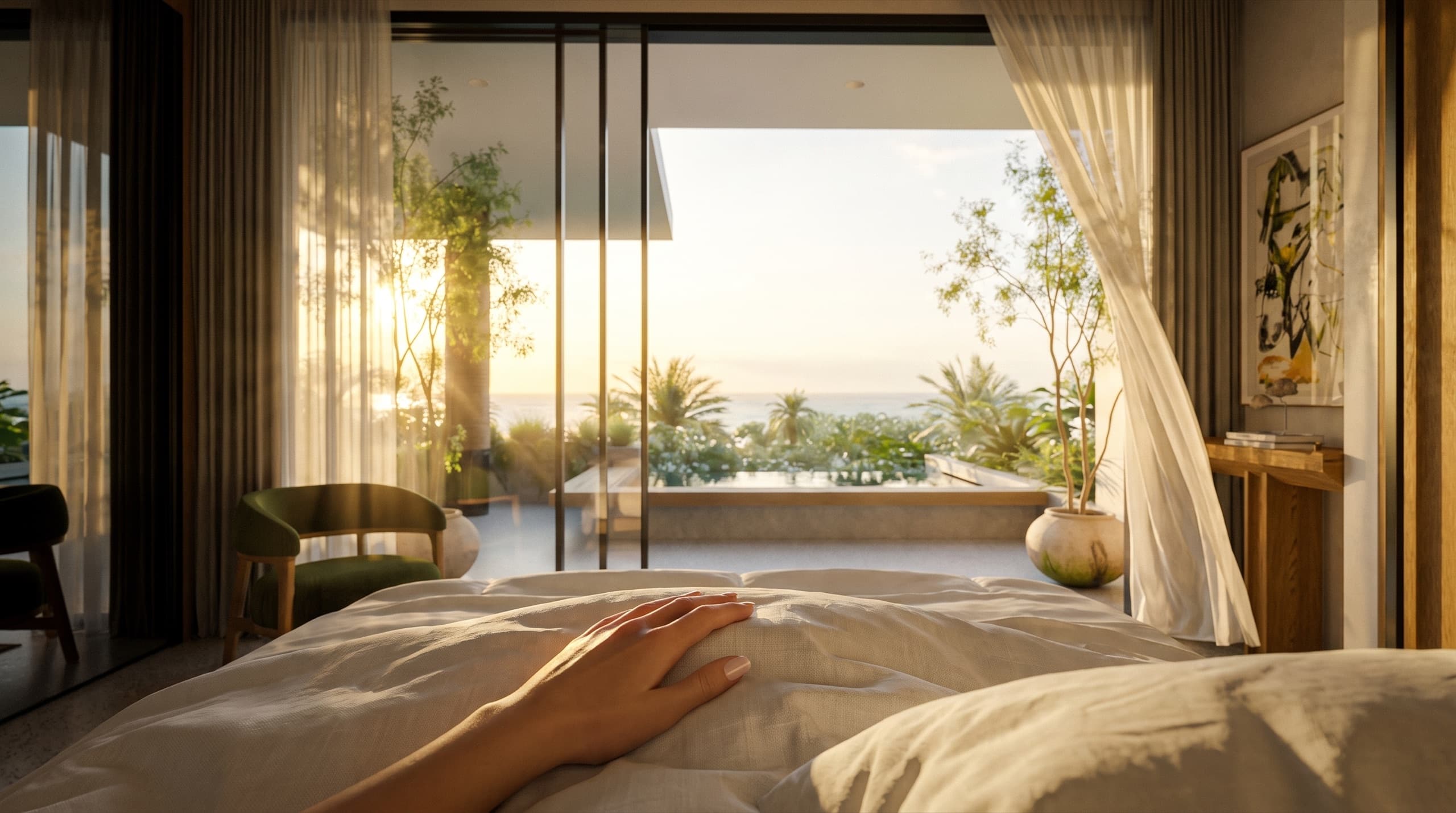 Residence bedroom at sunset opening to a terrace and pool