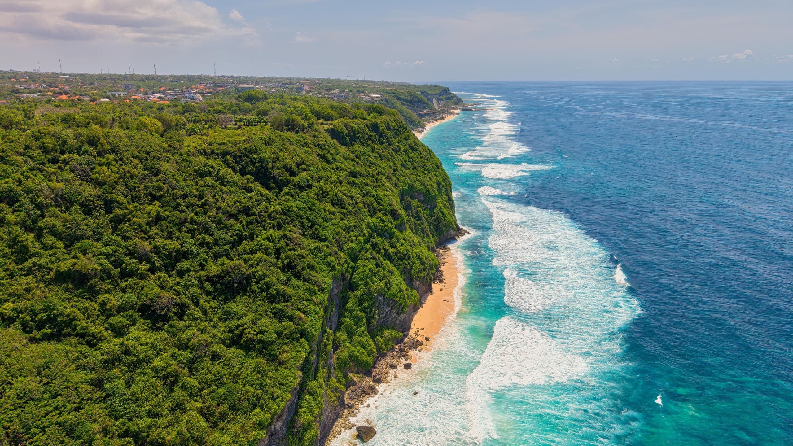 Aerial view of the Bukit Peninsula coastline near Uluwatu