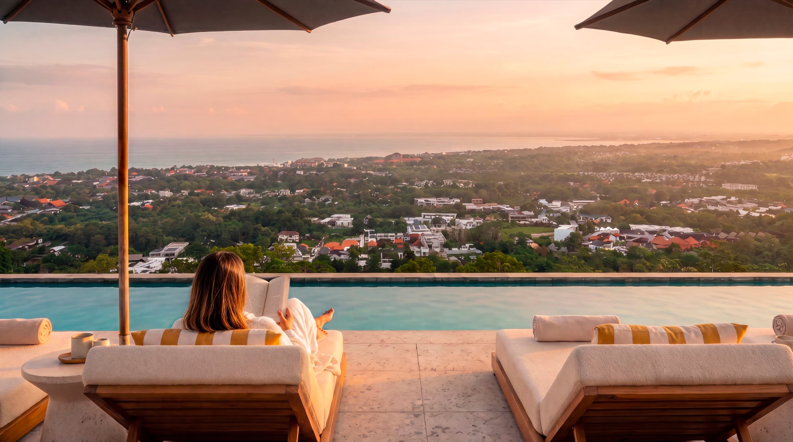 Two people on loungers by the infinity pool at sunset