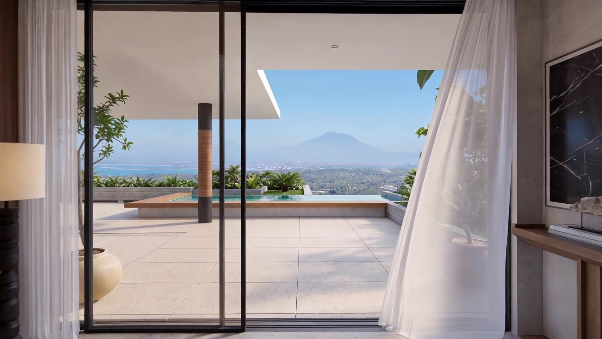 Two-bedroom residence opening onto its terrace with a view of the volcano