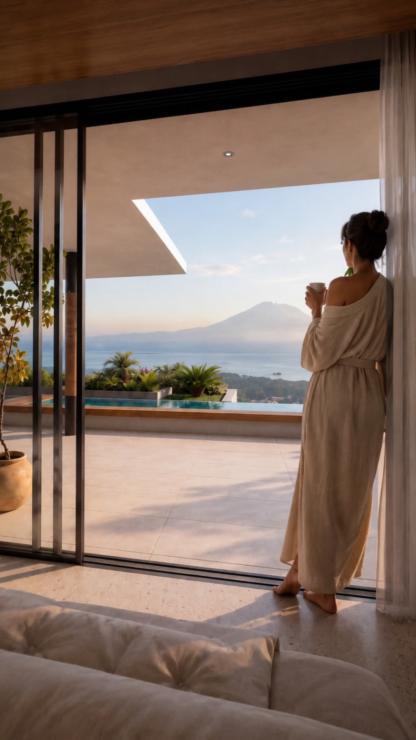 A resident in a robe looking out from a two-bedroom residence toward the volcano