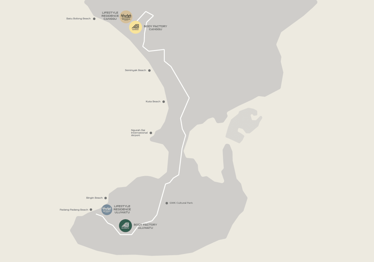 Locator map showing Body Factory Uluwatu relative to the Bukit coastline and airport