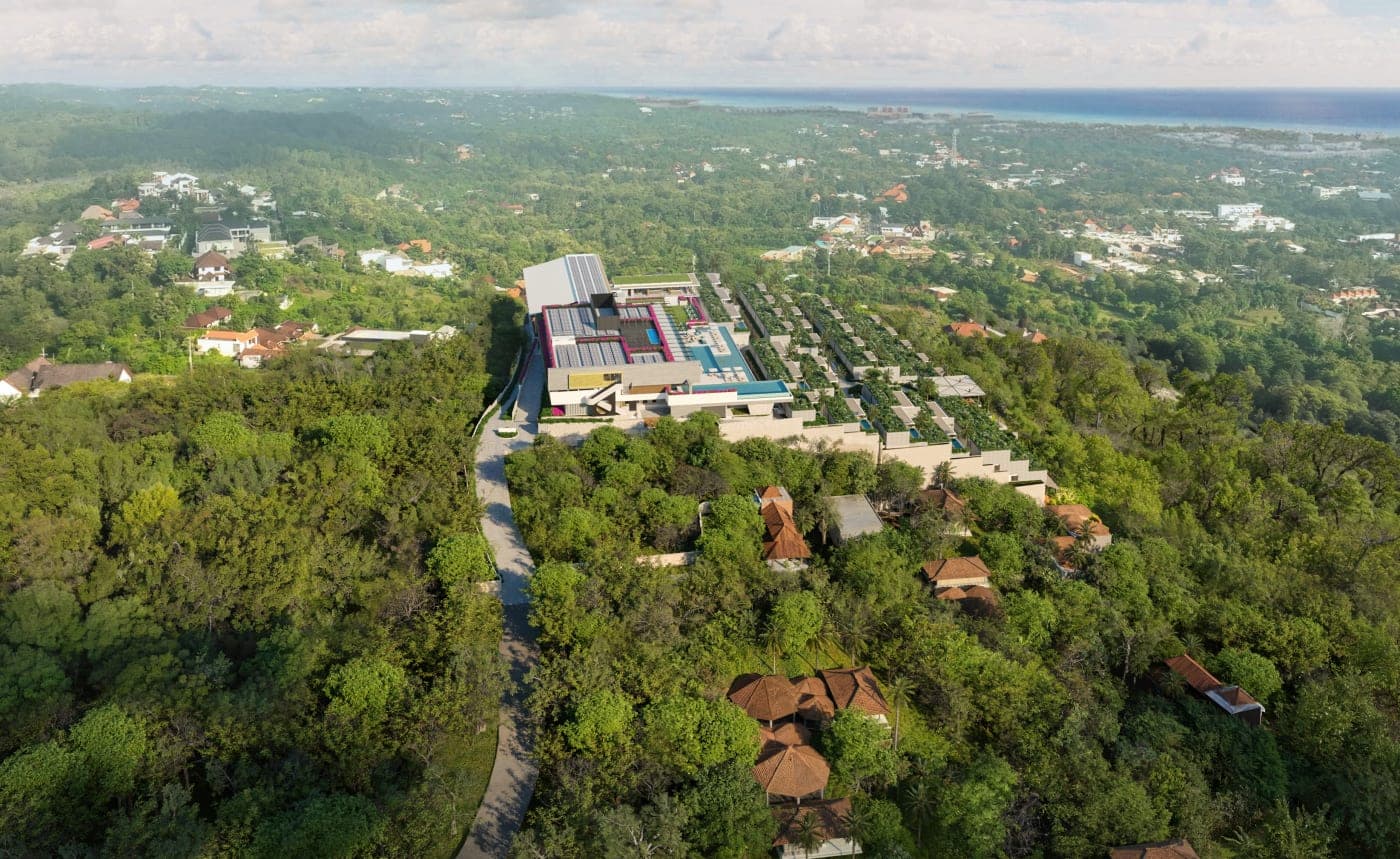 Body Factory Uluwatu, aerial side view showing the protected oceanview