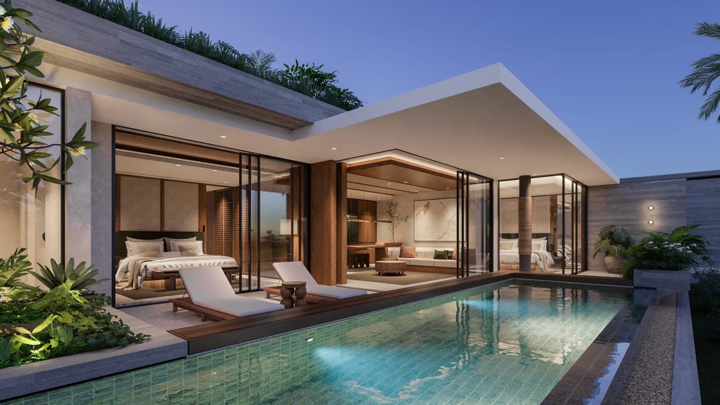 Body Factory Uluwatu 2-bedroom residence, exterior pool terrace at dusk