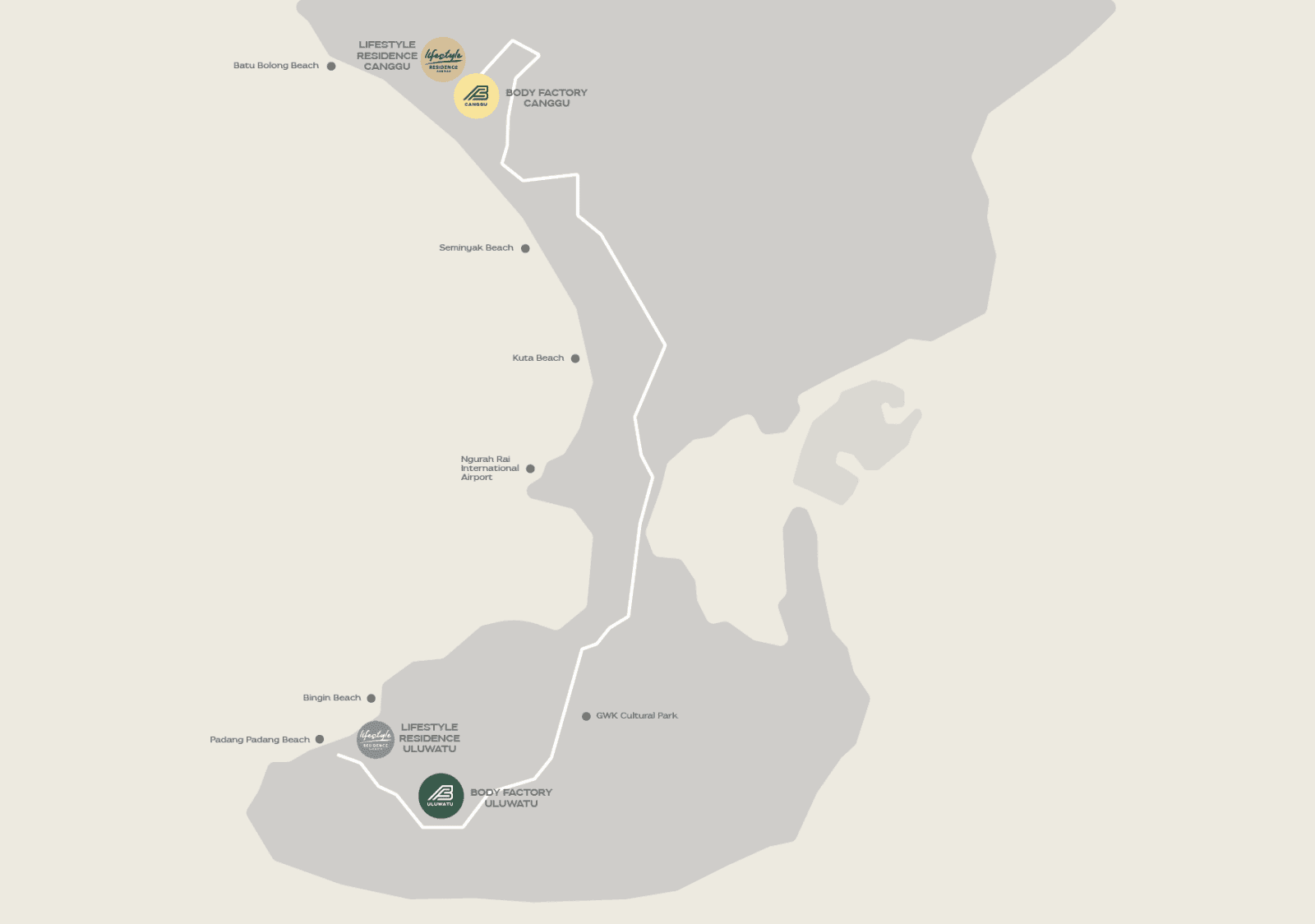 Map of southern Bali showing Body Factory Canggu in the north and Body Factory Uluwatu in the south, connected by a route via Ngurah Rai International Airport