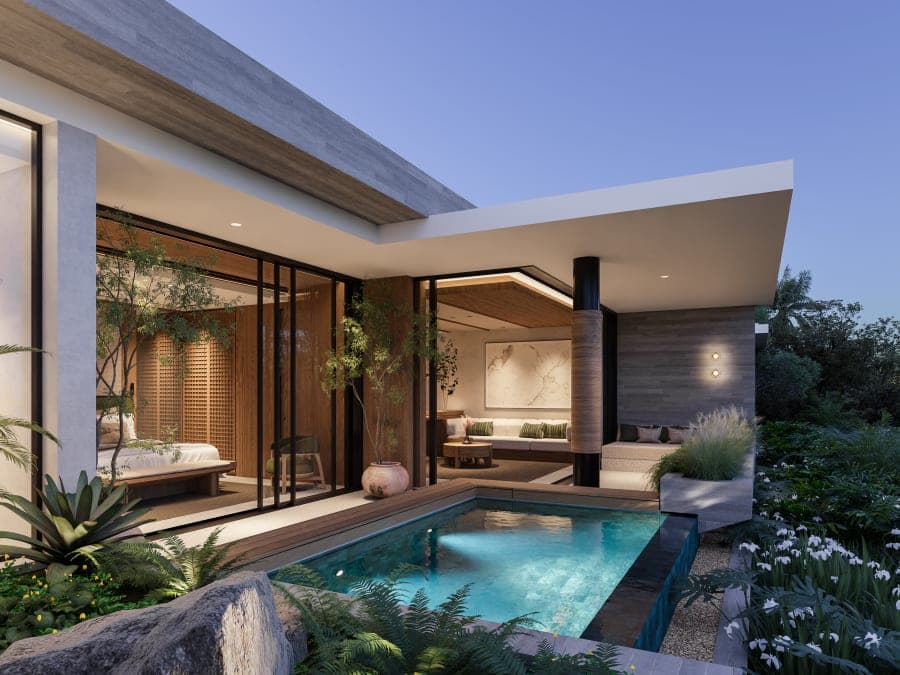 Body Factory Uluwatu one-bedroom at dusk, exterior with private pool